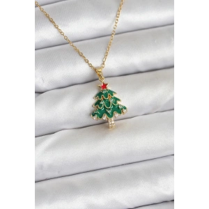 316L Çelik Zincir Gold Renk Çam Ağacı Model Yılbaşı Temalı Kadın Kolye - TJ-BKO10720