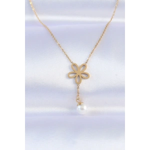 316L Çelik Zincir Gold Renk İnci Detay Çiçek Kolye
