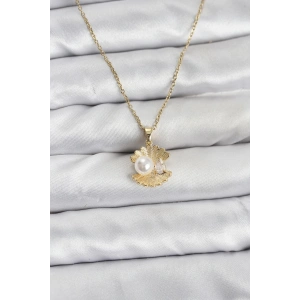 316L Çelik Zincir Gold Renk İstiridye İnci Model Zirkon Taşlı Kadın Kolye