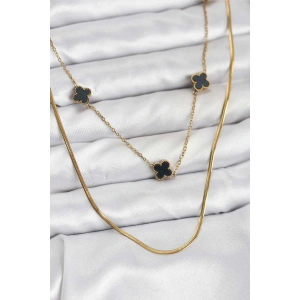 316L Çelik Zincir Gold Renk İtalyan Zincirli Siyah Yonca Model Kadın Kolye - TJ-BKO10782
