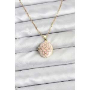 316L Çelik Zincir Gold Renk Mineli Lotus Model Açılabilir Kadın Kolye - TJ-BKO10776