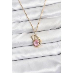316L Çelik Zincir Gold Renk Pembe Kuğu Model Zirkon Taşlı Kadın Kolye - TJ-BKO10867