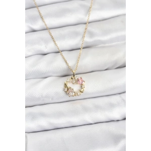 316L Çelik Zincir Gold Renk Pembe Taş Detaylı Çelenk Model Kadın Kolye - TJ-BKO10903