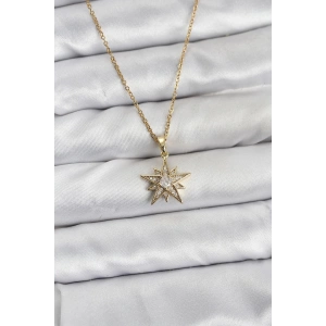 316L Çelik Zincir Gold Renk Yıldız Model Zirkon Taşlı Kadın Kolye - TJ-BKO10844