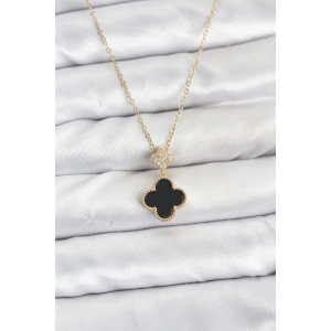 316L Çelik Zincir Gold Renk Yonca Model Zirkon Taşlı Kadın Kolye