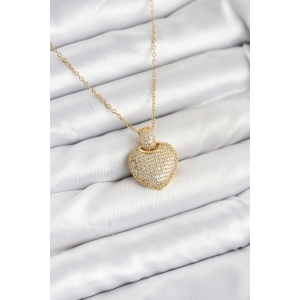 316L Çelik Zincir Gold Renk Zirkon Taşlı Kalpli Kadın Kolye - TJ-BKO10607