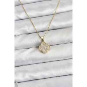 316L Çelik Zincir Gold Renk Zirkon Taşlı Yonca Model Kadın Kolye - TJ-BKO10771