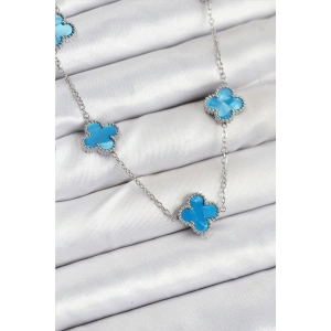 316L Çelik Zincir Gümüş Buz Mavisi Renk Yonca Kadın Kolye - TJ-BKO10582