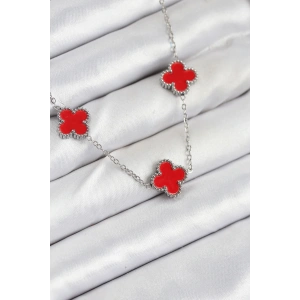 316L Çelik Zincir Gümüş Kırmızı Renk Yonca Kadın Kolye