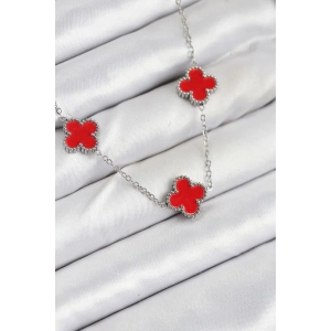 316L Çelik Zincir Gümüş Kırmızı Renk Yonca Kadın Kolye - TJ-BKO10586