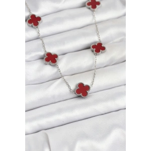 316L Çelik Zincir Gümüş Renk Bordo Renk Yonca Kadın Kolye - TJ-BKO10569