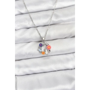 316L Çelik Zincir Gümüş Renk Çiçekli Kedili Model Kadın Kolye - TJ-BKO10870