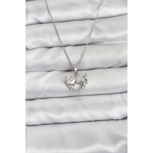 316L Çelik Zincir Gümüş Renk Kalp ve Fiyonk Model Zirkon Taşlı Kadın Kolye