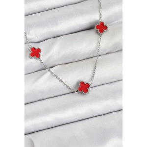 316L Çelik Zincir Gümüş Renk Kırmızı Baby Boy Yonca Kadın Kolye