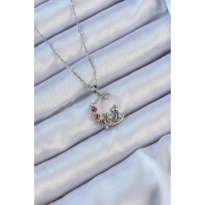 316L Çelik Zincir Gümüş Renk Kırmızı Gül Detay Kedi Figür Zirkon Taşlı Ay Kolye - TJ-BKO9130