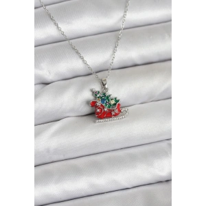 316L Çelik Zincir Gümüş Renk Kızak ve Çam Ağacı Figürlü Yılbaşı Temalı Kadın Kolye