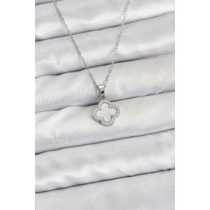 316L Çelik Zincir Gümüş Renk Sedefli Yonca Kadın Kolye - TJ-BKO10766