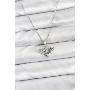 316L Çelik Zincir Gümüş Renk Sinek Model Zirkon Taşlı Kadın Kolye - TJ-BKO10874