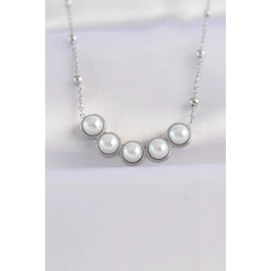 316L Çelik Zincir Gümüş Renk Sıralı İnci Taşlı Kolye - TJ-BKO8654