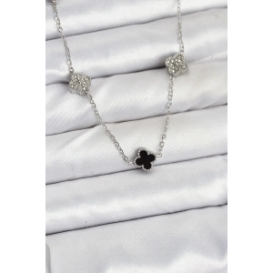 316L Çelik Zincir Gümüş Renk Siyah ve Zirkon Taşlı Baby Boy Yonca Kadın Kolye - TJ-BKO10591