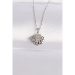 316L Çelik Zincir Gümüş Renk Zirkon Taşlı İnci Detay İstiridye Kolye - TJ-BKO8600