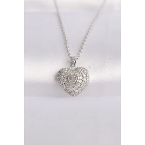 316L Çelik Zincir Gümüş Renk Zirkon Taşlı Kalp Kolye - TJ-BKO8623