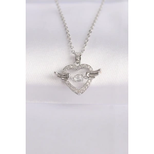 316L Çelik Zincir Gümüş Renk Zirkon Taşlı Kanatlı Kalp Kolye