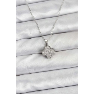 316L Çelik Zincir Gümüş Renk Zirkon Taşlı Yonca Model Kadın Kolye