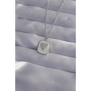 316L Çelik Zincir Mermer Desenli Gümüş Renk Zirkon Taşlı Kalp Model Kolye - TJ-BKO9014