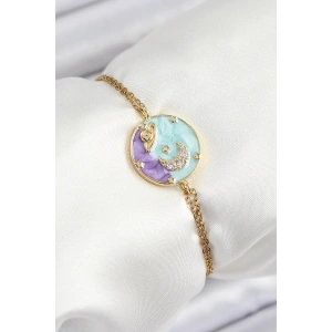 316L Çelik Zincir Mineli Sanatsal Portre Zirkon Taşlı Gezegen Model Gold Renk Kadın Bileklik - TJ-BB7233