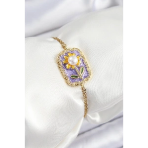 316L Çelik Zincir Mor Mineli Sanatsal Portre İnci Detaylı Papatya Model Gold Renk Kadın Bileklik - TJ-BB7231