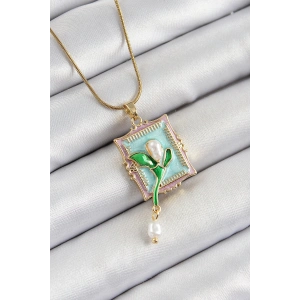 316L Çelik Zincir Turkuaz Sanatsal Portre Sallantılı İnci Detaylı Lale Model Gold Renk Kadın Kolye - TJ-BKO10280