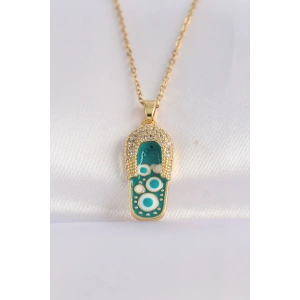 316L Çelik Zincir Zirkon Taşlı Altın Renk Nazarlı Terlik Tasarımlı Kolye - TJ-BKO8664