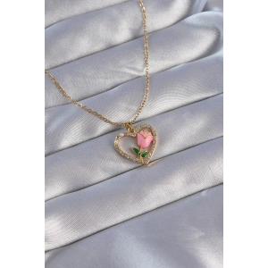 316L Çelik Zincirli Gold Renk Zirkon Taşlı Kalp İçinde Pembe Gül Tasarımlı Kolye - TJ-BKO8864
