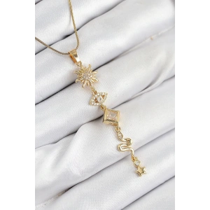 316L Çelik Zirkon Taşlı Güneş Ve Ay Enerji Model Gold Renk Kadın Kolye - TJ-BKO10550