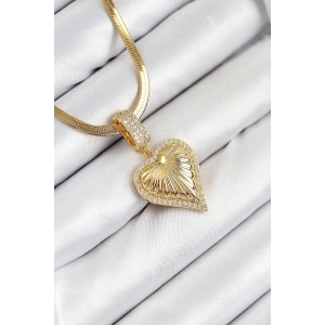 316L Çelik Zirkon Taşlı Kalp Model Gold Renk Kadın Kolye