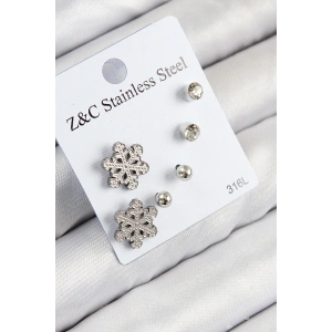 316L Çelik Zirkon Taşlı Kar Tanesi Model Gümüş Renk Kadın Set Küpe