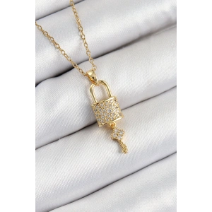 316L Çelik Zirkon Taşlı Kilit Ve Sallantılı Anahtar Model Gold Renk Kadın Kolye - TJ-BKO10353