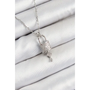 316L Çelik Zirkon Taşlı Kilit Ve Sallantılı Anahtar Model Gümüş Renk Kadın Kolye