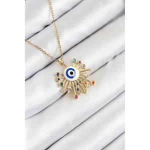 316L Çelik Zirkon Taşlı Nazar Model Gold Renk Kadın Kolye - TJ-BKO10544