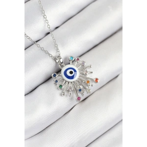 316L Çelik Zirkon Taşlı Nazar Model Gümüş Renk Kadın Kolye - TJ-BKO10543