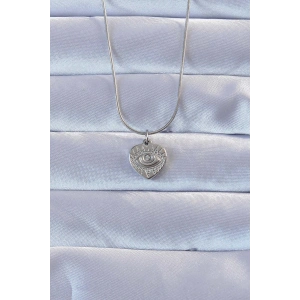 316L Gümüş Renk Zirkon Taşlı İşlemeli Göz Detay Kalp Kolye - TJ-BKO9285