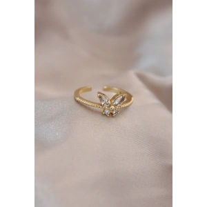 Ayarlamalı Altın Renk Metal Zirkon Taş ve Kristal Taşlı Kelebek Model Yüzük