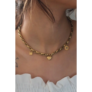 Çelik Gold Renk Kalın Zincir Model Kalp Figür Kadın Kolye