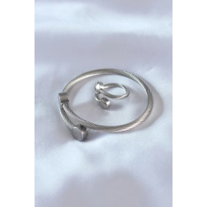 Çelik Gümüş Renk Sıkı Burgu Model Erkek Bileklik Yüzük Seti - TJ-EB3591