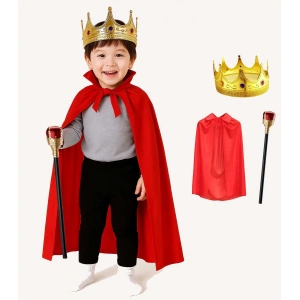 Çocuk Kral Kostüm Seti – Kırmızı Pelerin, Taç ve Asa (90 cm)