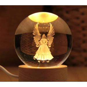 Dekoratif Kanatlı Melek Tasarımlı Ahşap Altlıklı Işıklı Cam Küre Cam 6 Cm