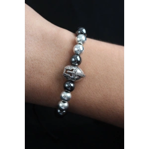 Doğal Taş Gladyatör Model Gümüş Ve Füme Renk Asansörlü Erkek Bileklik - TJ-EB3758