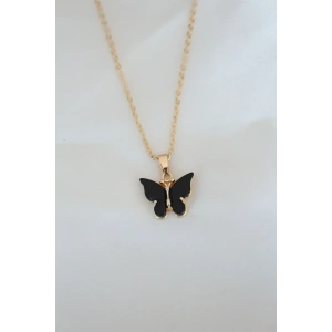 Gold Kaplama Siyah Renkli Sedefli Kelebek Kolye