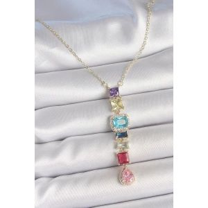 Gold Karışık Renk Zirkon Taşlı Y Pirinç Kolye - TJ-BKO10225